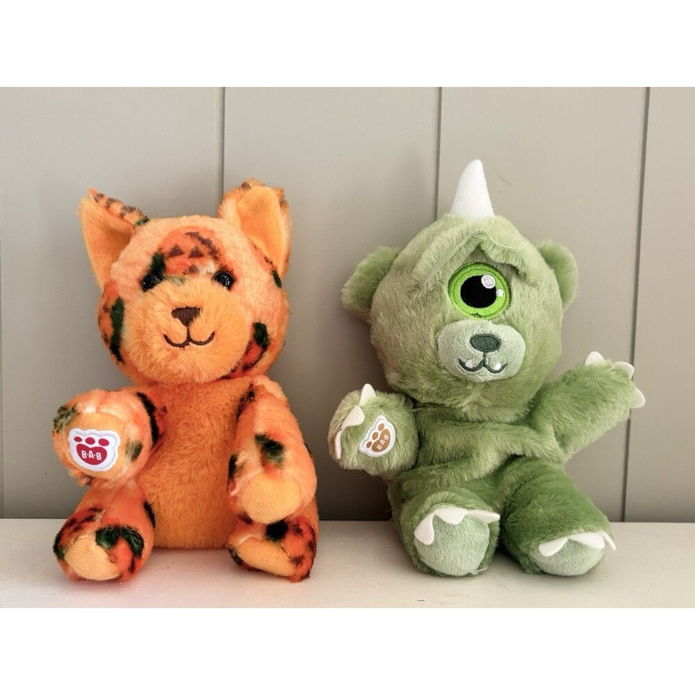 Build A Bear MINI BEANS Pumpkin Kitty & Bearclops Stuffed Plush Animal 6" x2